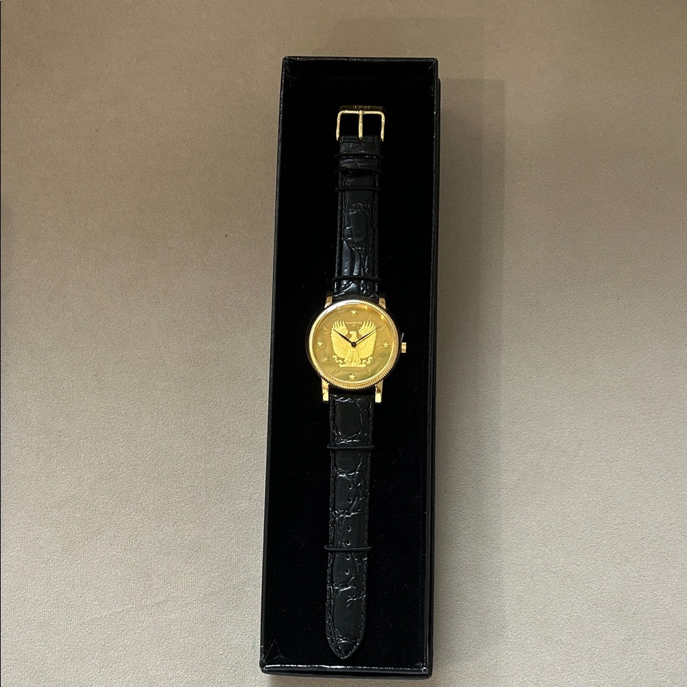 Men's Black Leather Strap Watch with Gold Emblem Dial
